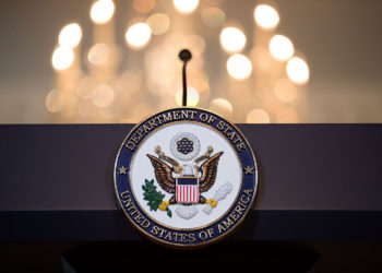 WASHINGTON, DC - JUNE 09:  A view of the State Department seal on the podium before Romanian President Klaus Iohannis and U.S. Secretary of State Rex Tillerson appear for a photo opportunity at the State Department, June 9, 2017 in Washington, DC. Iohannis is also scheduled to meet with President Donald Trump on Friday afternoon. (Photo by Drew Angerer/Getty Images)