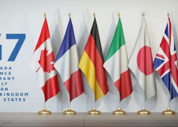 G7 summit or meeting concept. Row from flags of members of G7 group of seven and list of countries, 3d illustration