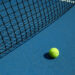 Yellow tennis ball is laying near black opened tennis court's net. Contrast image with satureted colors and shadows. Concept of tennis outfit photografing.