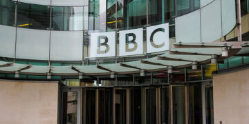 London, UK - 5th April 2014: The outside of a BBC building in central London. The British Broadcasting Corporation also know as the BBC is a public service broadcasting in England